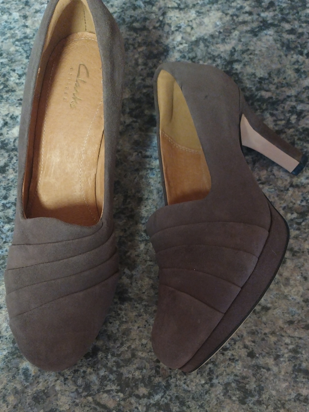 Clarks Taupe Suede Platform Heel Pumps